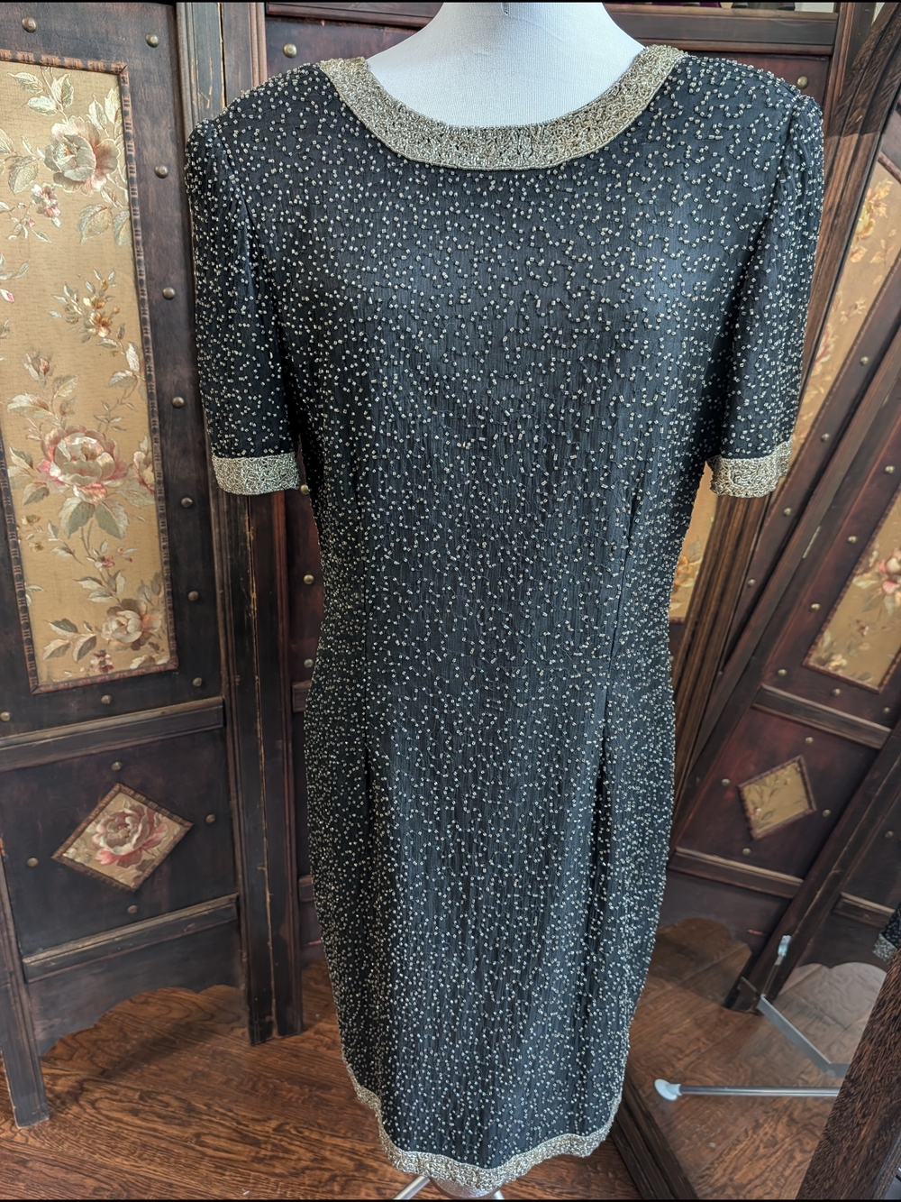 Stenay Black Silk Beaded Evening Formal Cocktail Midi Dress Size 10 Gold Trim